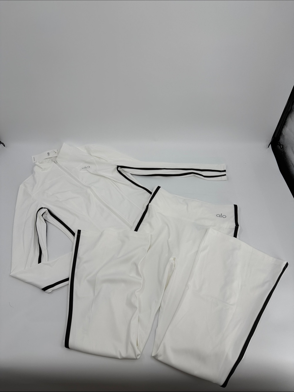 ALO Yoga White Track Jacket & Joggers Flare with Black Trim